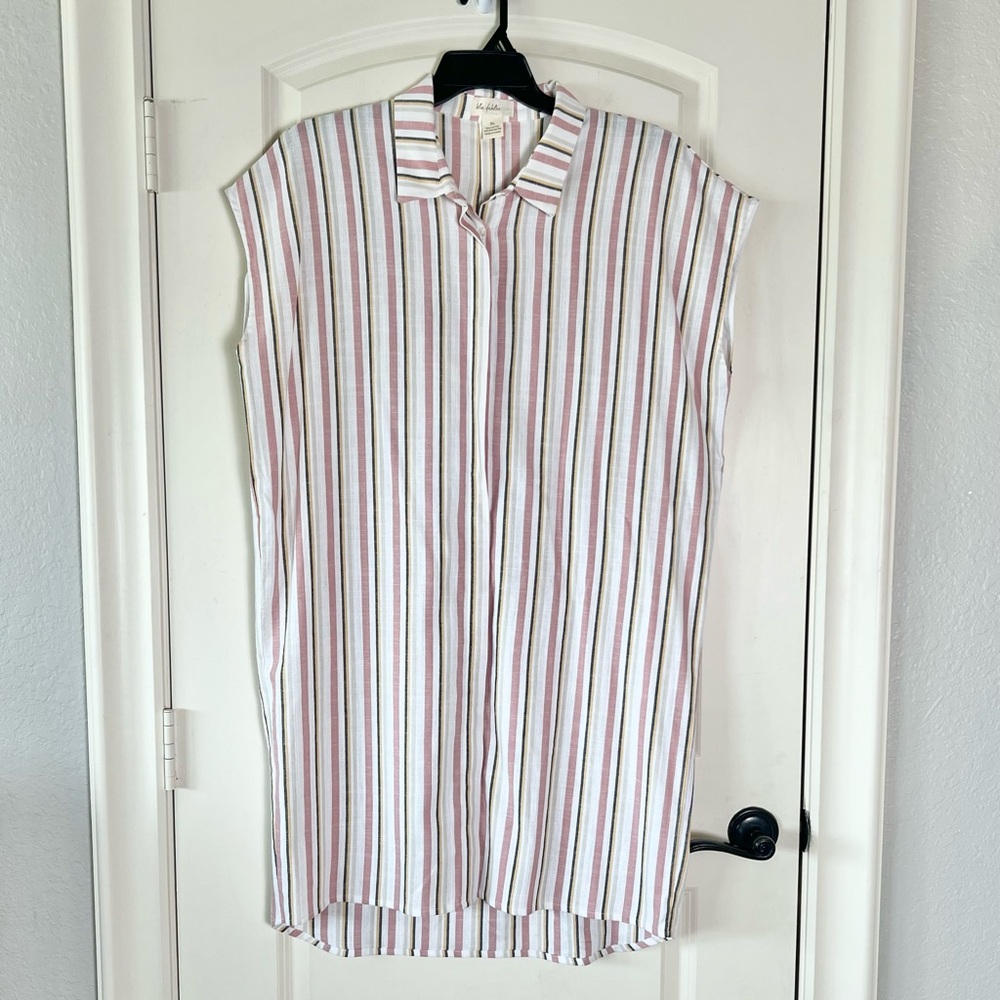 Blu Dahlia Striped Shirt Dress XL Pink Beige Sleeveless Linen Feel High Low